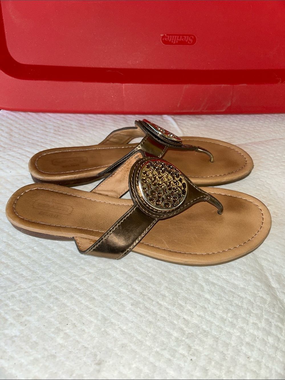 Coach Metallic Bronze Leather Thong Sandals with Logo Medallion